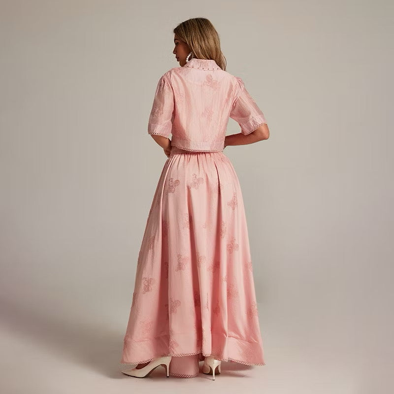 CM-SY035589 Women Elegant European Style Collar Neckline Half Sleeve Beads Decor Blouse With High Waist Long Skirt - Set