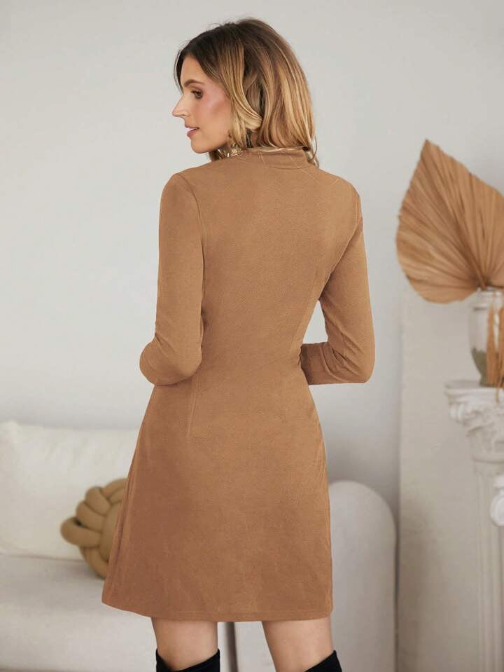 CM-DS579097 Women Elegant Seoul Style Stand Collar Zip Front Flap Pocket Dress - Camel