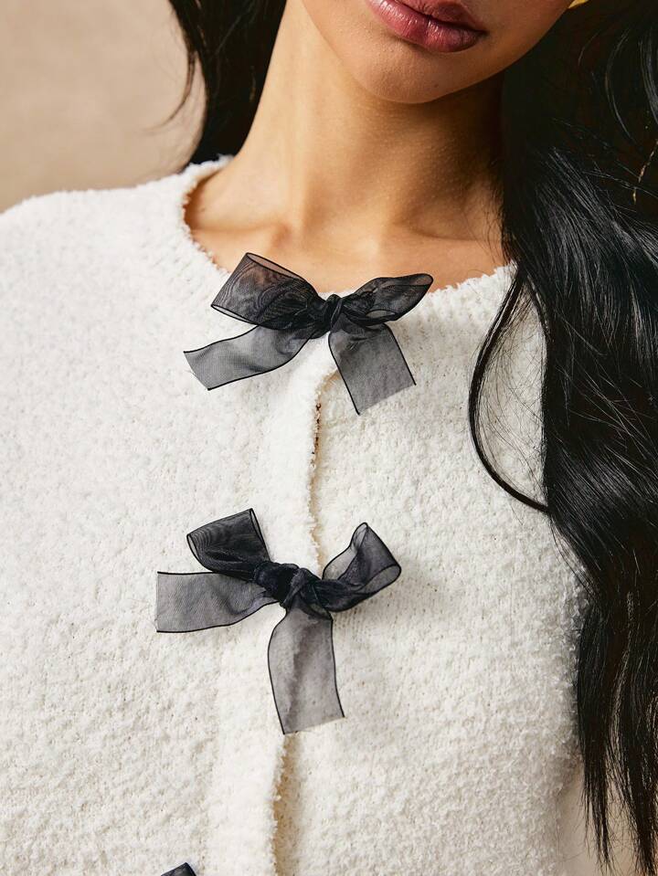 CM-CS281341 Women Casual Seoul Style Color Blocking Long Sleeve Fringe Trim Cardigan - White