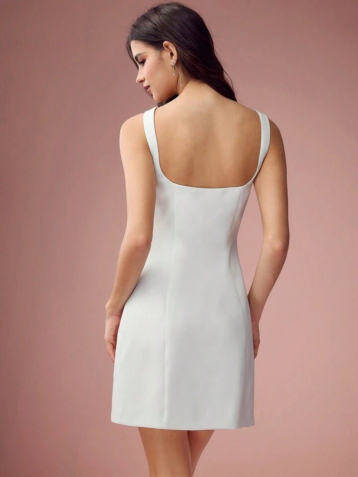 CM-DS878349 Women Elegant Seoul Style Pearl Decoration Square Neck Sleeveless Mini Dress - White