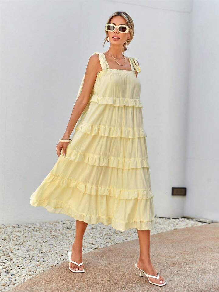 CM-DS642010 Women Trendy Bohemian Style Multilayered Frills Square Neck Sleeveless Dress - Yellow