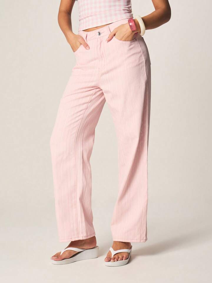 CM-BS845552 Women Casual Seoul Style Mid Rise Striped Pattern Wide Leg Denim Jeans - Pink