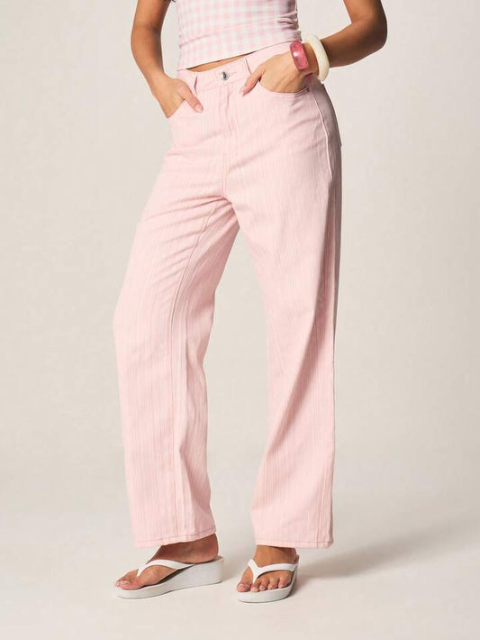 CM-BS845552 Women Casual Seoul Style Mid Rise Striped Pattern Wide Leg Denim Jeans - Pink