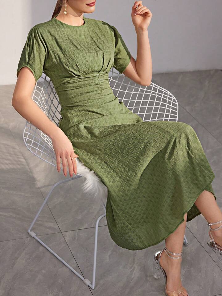 CM-DS764766 Women Elegant Seoul Style Round Neck Short Sleeve Pleated Waist Dress - Green