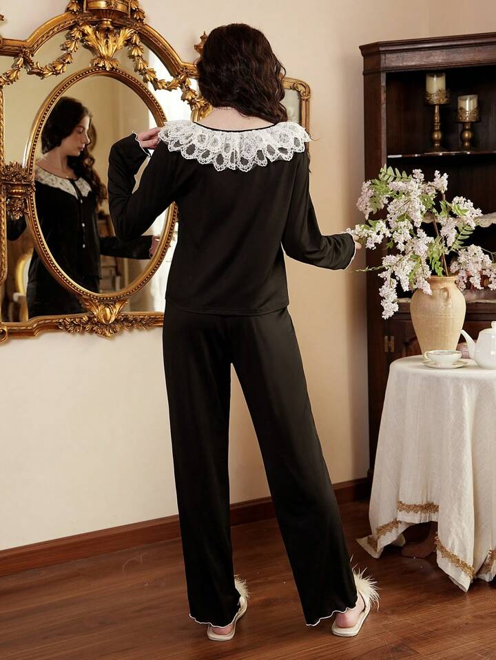 CM-LS596087 Women Trendy Seoul Style Lace Contrast Color Long Sleeve Top With Pants Sleepwear Set