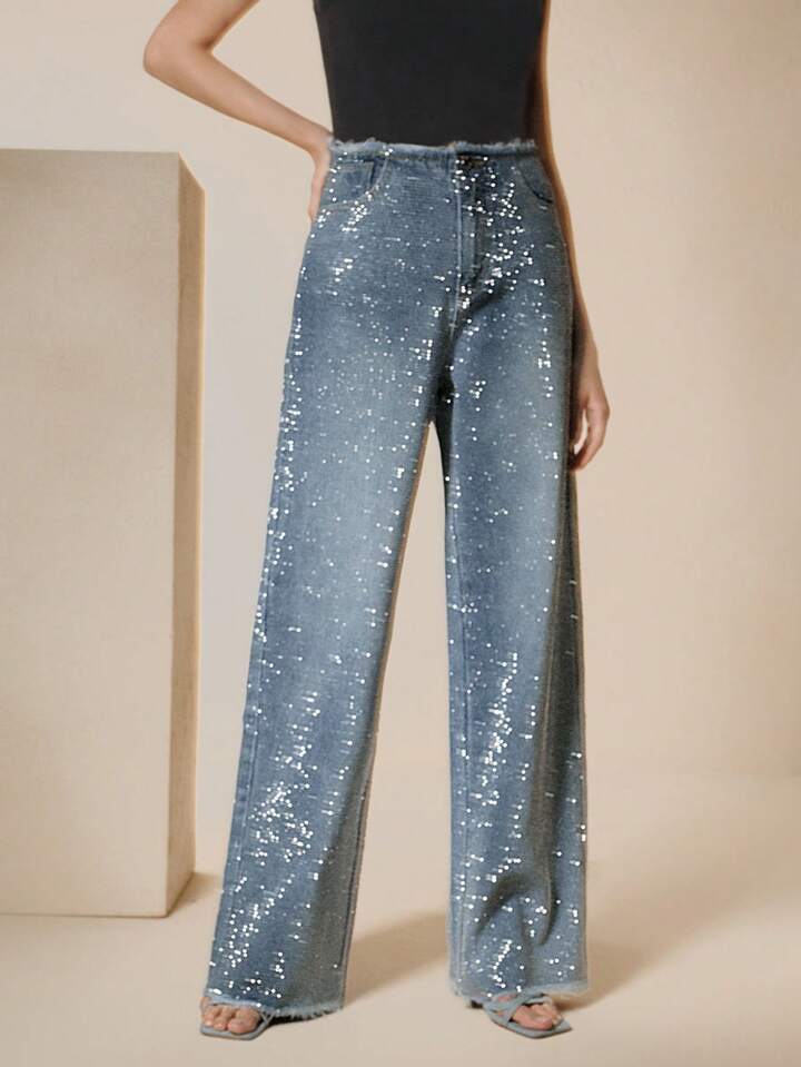 CM-BS407709 Women Elegant Seoul Style Mid Waist Rhinestone Decorated Straight Cut Frayed Hem Jeans - Blue