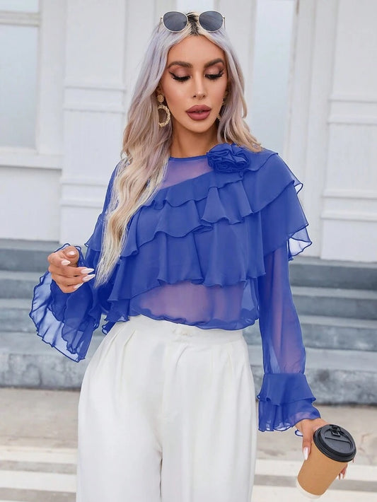 CM-TS826277 Women Elegant Seoul Style 3D Floral Decorated Ruffle Trim Blouse - Blue