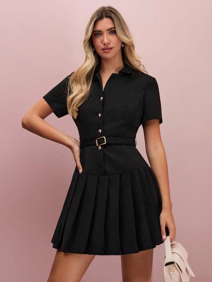 CM-DS929550 Women Elegant Seoul Style Collar Neckline Short Sleeve Single-Breasted Pleated Hem Belted Mini Dress