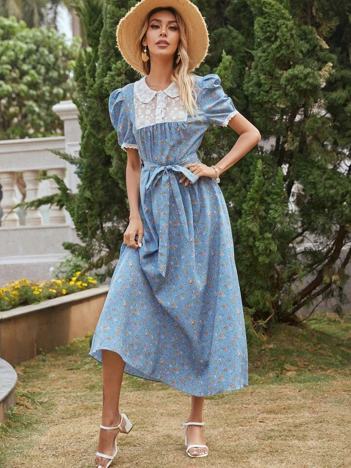 CM-DS111938 Women Trendy Bohemian Style Mesh Doll Collar Floral Embroidery Bubble Sleeve Dress