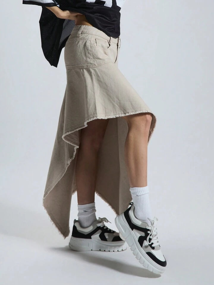 CM-BS855548 Women Casual Seoul Style Asymmetric Hem Midi Denim Skirt - Camel