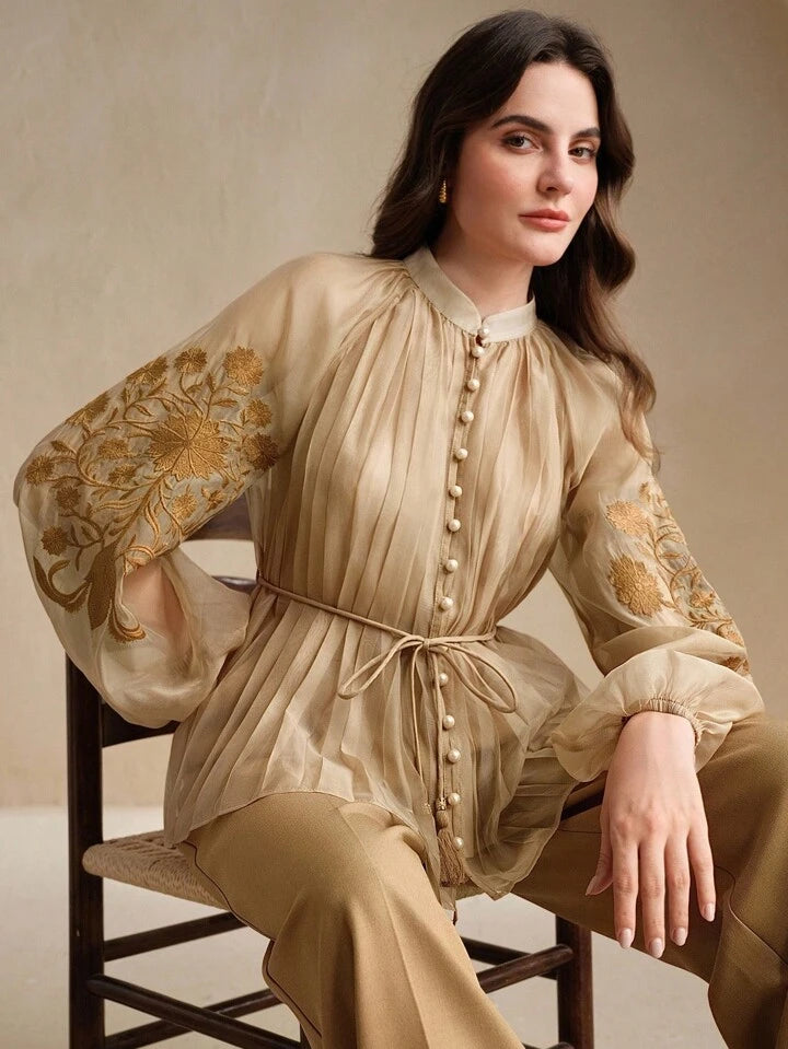 CM-TS116612 Women Elegant Seoul Style Stand Collar Long Sleeve Pleated Embroidered Tie Waist Blouse - Khaki