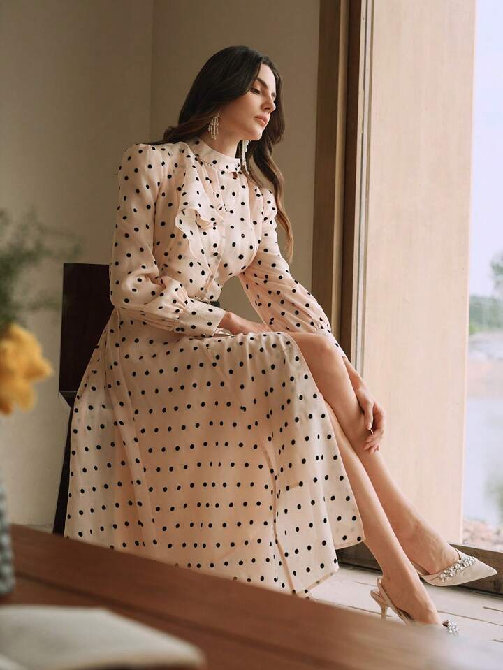 CM-DS288841 Women Elegant Seoul Style Long Sleeve Polka Dot Mock Neck A-Line Dress With Cinched Waist