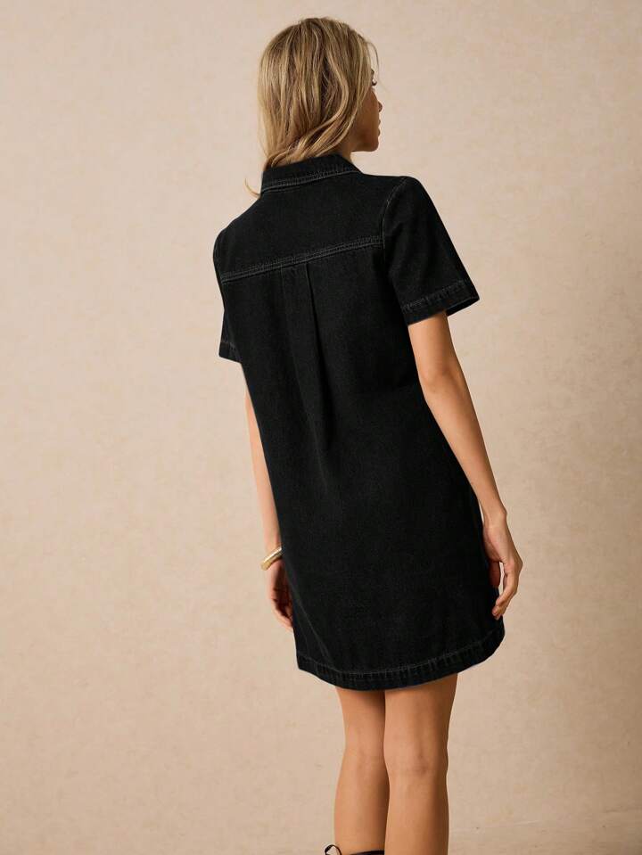 CM-DS785952 Women Casual Seoul Style Zipper Front Short Sleeves Shirt Collar Denim Dress - Black