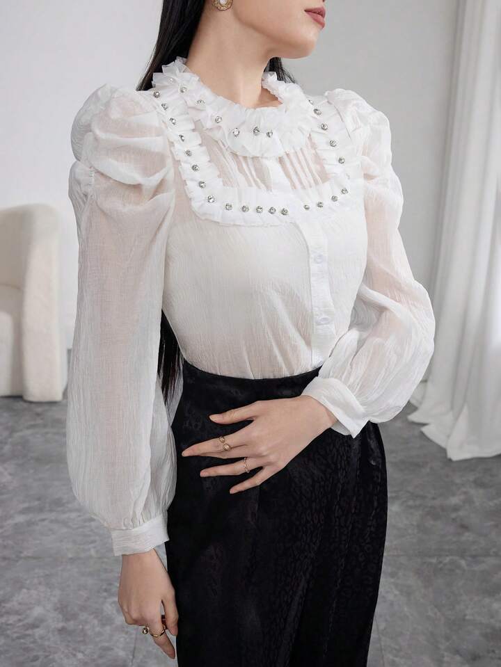 CM-TS720463 Women Elegant Seoul Style Stand Collar Long Sleeve Embellished Rhinestone Blouse - White
