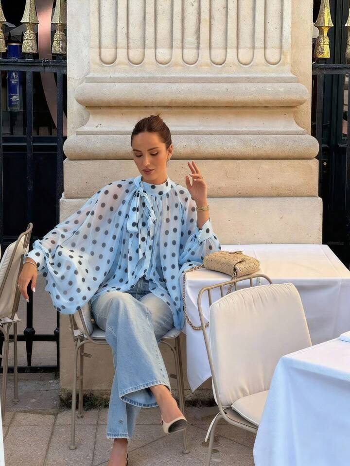 CM-TS433913 Women Elegant Seoul Style Bowknot Lantern Sleeve Polka Dot Pattern Pleated Blouse - Baby Blue