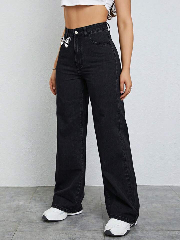 CM-BS327771 Women Casual Seoul Style Button Waist Belt Loop Pocket Bow Decor Straight Loose Pants