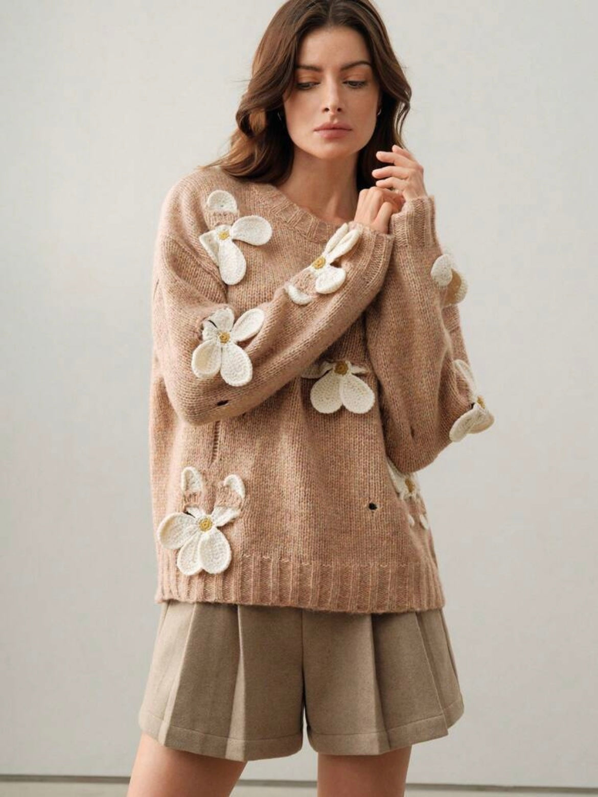 CM-CS472607 Women Casual Seoul Style Round Neck Crochet 3D Floral Long Sleeve Knitted Sweater