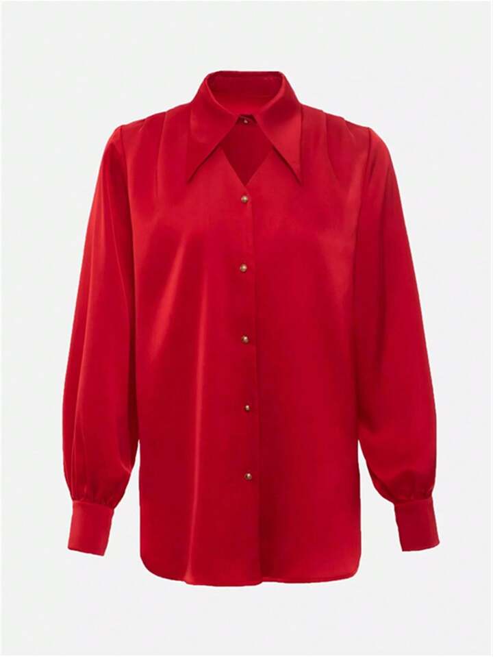 CM-TS338316 Women Elegant Seoul Style Open Shirt Collar Long Sleeve Blouse - Red