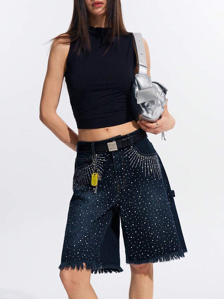 CM-BS943987 Women Casual Seoul Style Rhinestone Side Pockets Drop Waist Loose Denim Shorts
