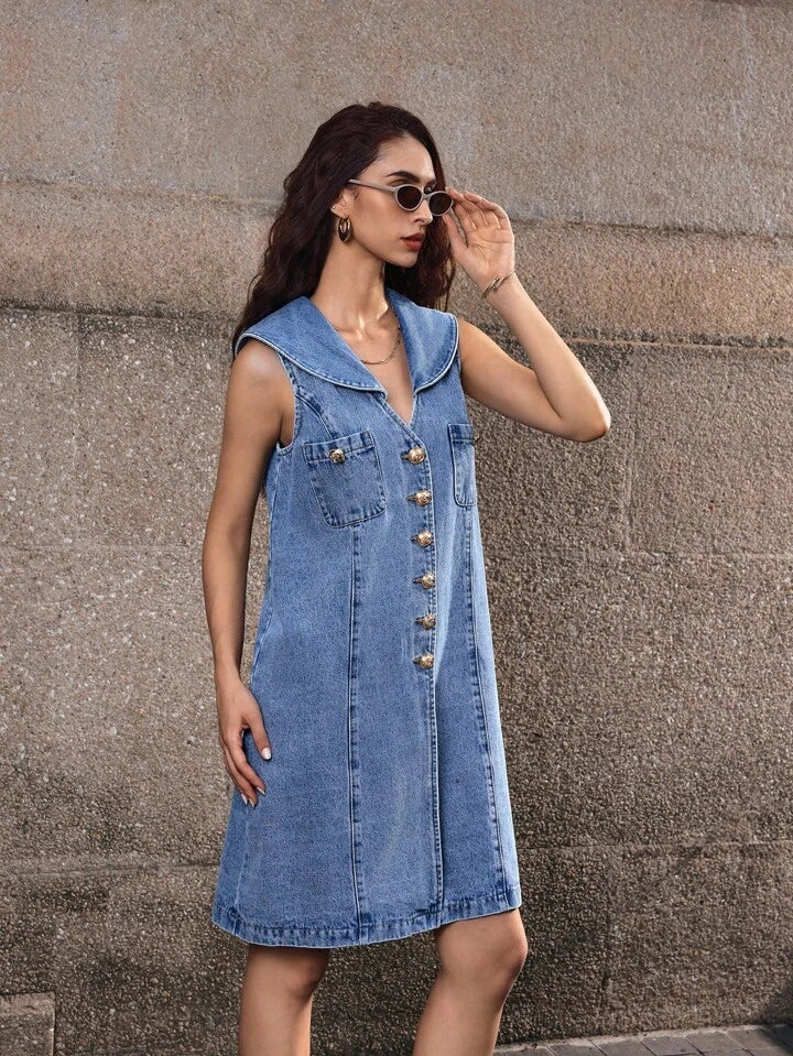 CM-DS321891 Women Casual Seoul Style Sailor Collar Sleeveless Buttoned Pocket Design Denim Dress - Blue