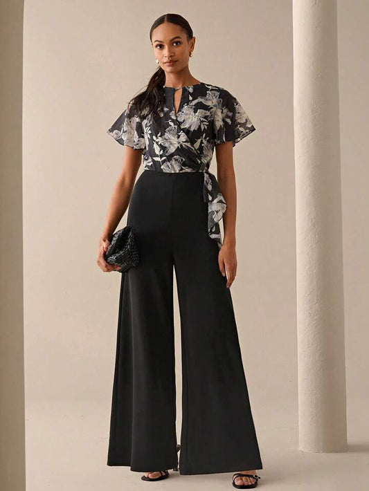 CM-JS668838 Women Elegant Seoul Style Floral Print Patchwork Sleeveless Wide Leg Jumpsuit - Black