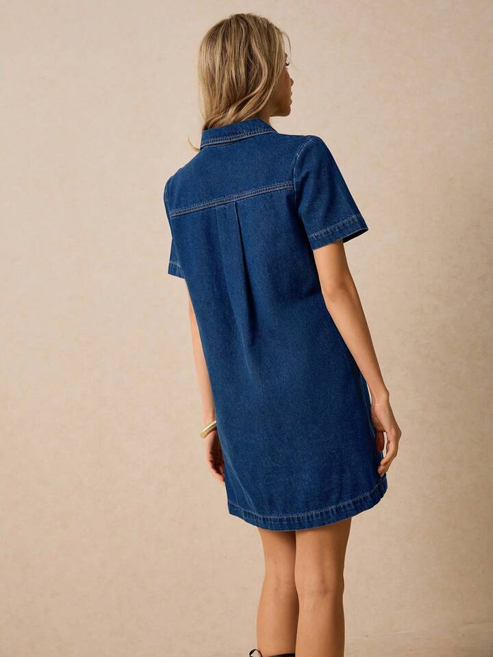 CM-DS770871 Women Casual Seoul Style Medium Wash Zipper Front Short Sleeves Shirt Collar Denim Dress
