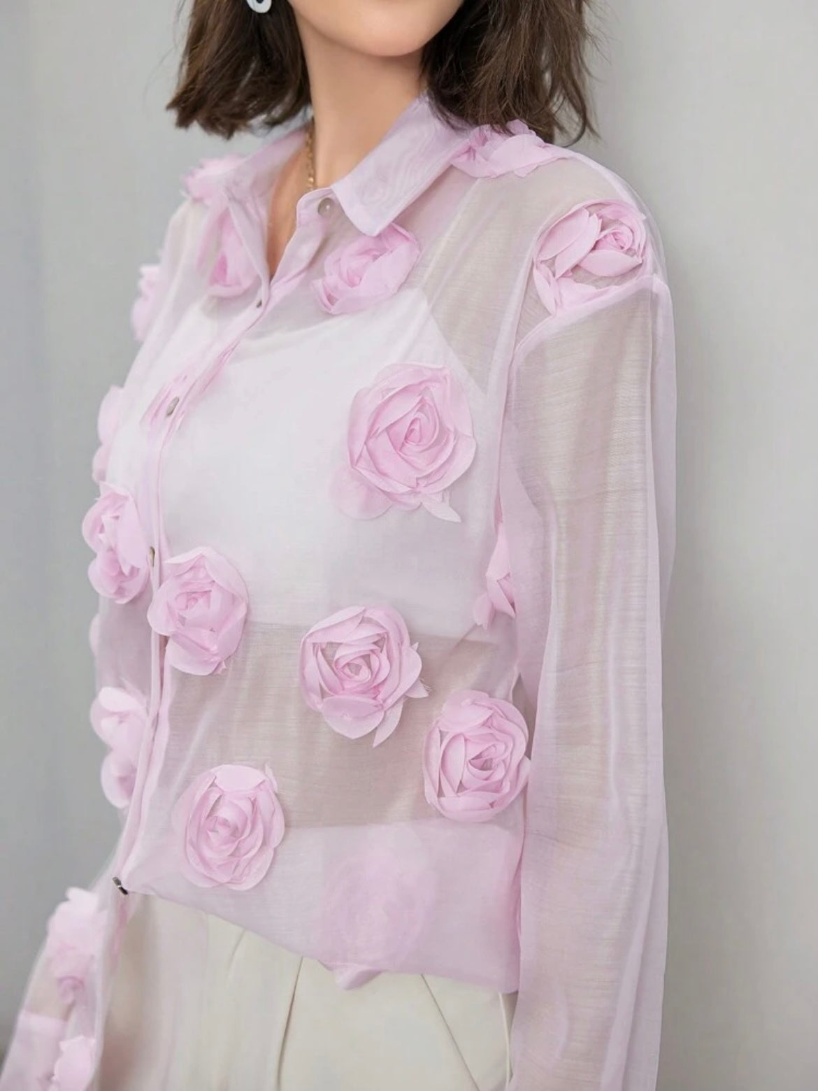 CM-TS896623 Women Elegant Seoul Style 3D Floral Long Sleeve Sheer Mesh Blouse - Baby Pink