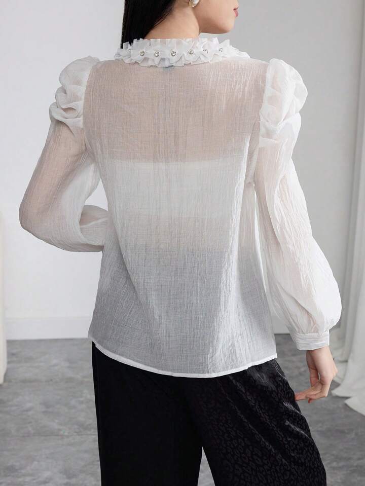 CM-TS720463 Women Elegant Seoul Style Stand Collar Long Sleeve Embellished Rhinestone Blouse - White