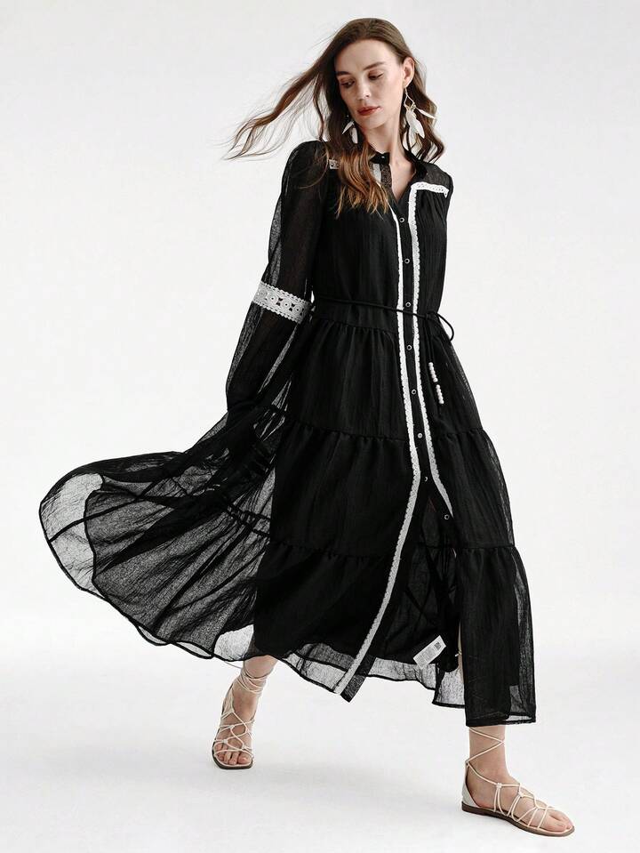 CM-DS567160 Women Casual Seoul Style Lace Contrast Color Chiffon Patchwork Lantern Sleeve Cinched Waist Cake Dress