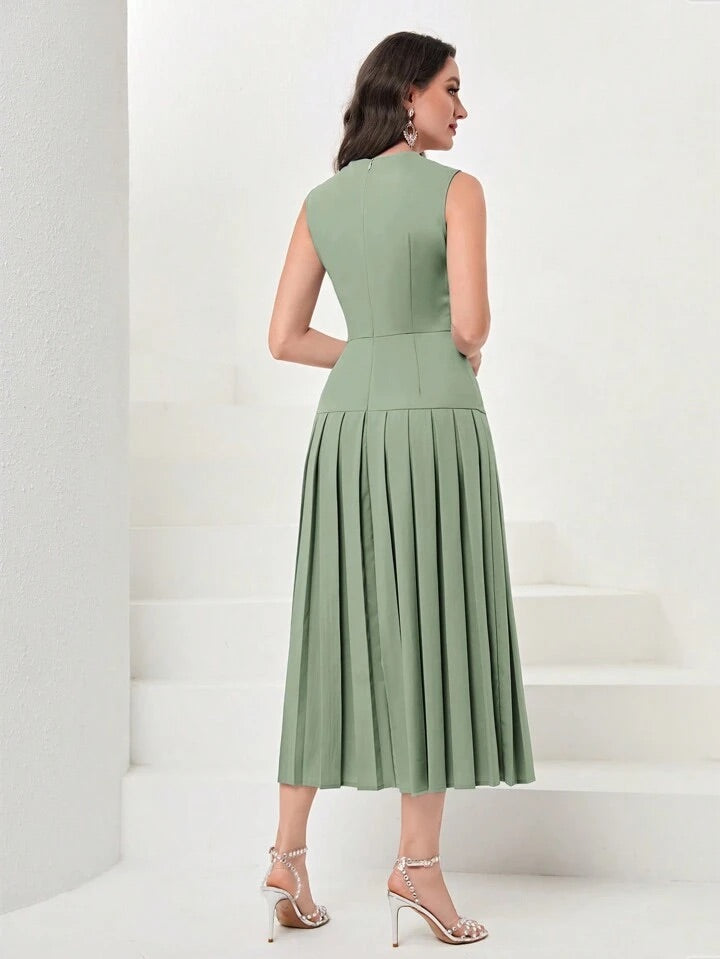 CM-DS782640 Women Elegant Seoul Style Sleeveless Solid Pleated Hem Dress - Green