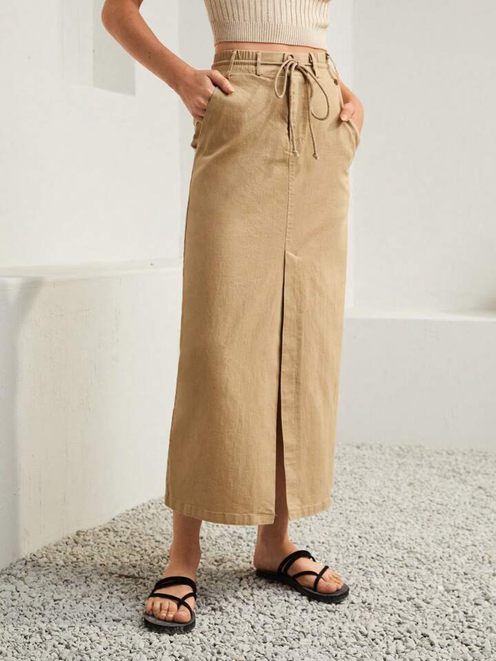 CM-BS276778 Women Trendy Bohemian Style Drawstring Waist Split Thigh Belted Skirt - Khaki