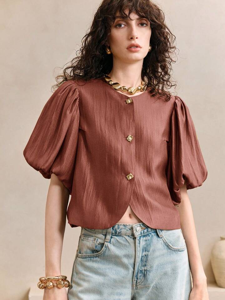 CM-TS081754 Women Elegant Seoul Style Satin Round Neck Puff Sleeve Golden Metal Button Decor Blouse - Maroon