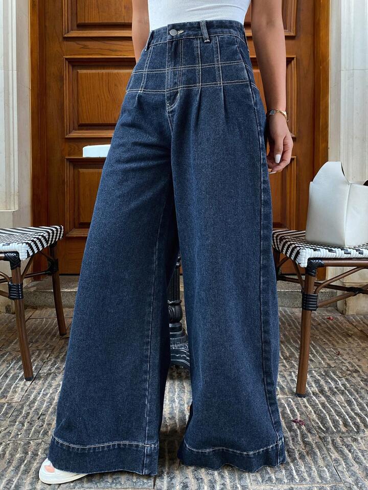 CM-BS285981 Women Casual Seoul Style Dark Wash Loose Wide Leg Denim Jeans