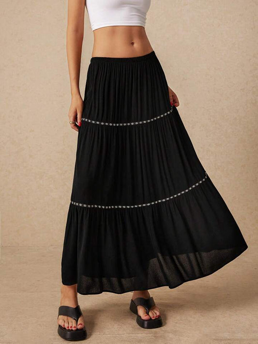 CM-BS838733 Women Trendy Bohemian Style Elastic Waist Patchwork Geometric Long Skirt - Black