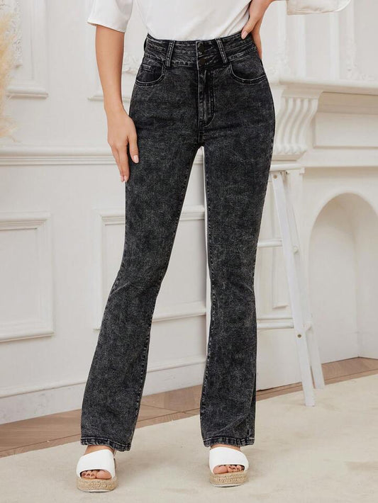 CM-BS448092 Women Casual Seoul Style High Waisted Slim Fit Double Layered Flared Jeans - Dark Gray