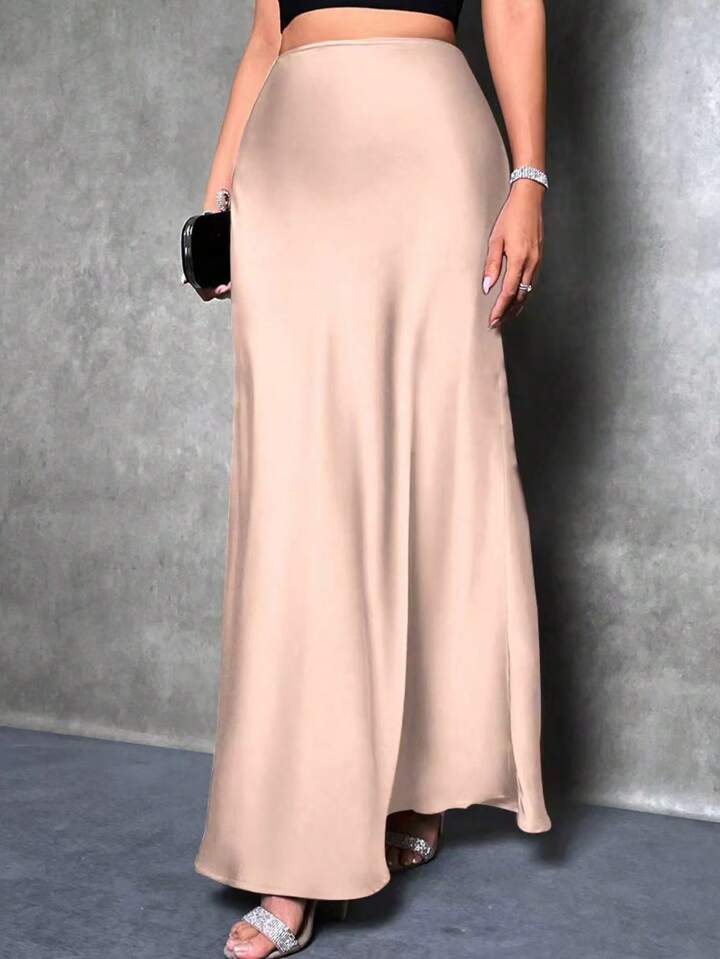 CM-BS786428 Women Casual Seoul Style Solid Asymmetrical Mermaid Hem Skirt - Champagne