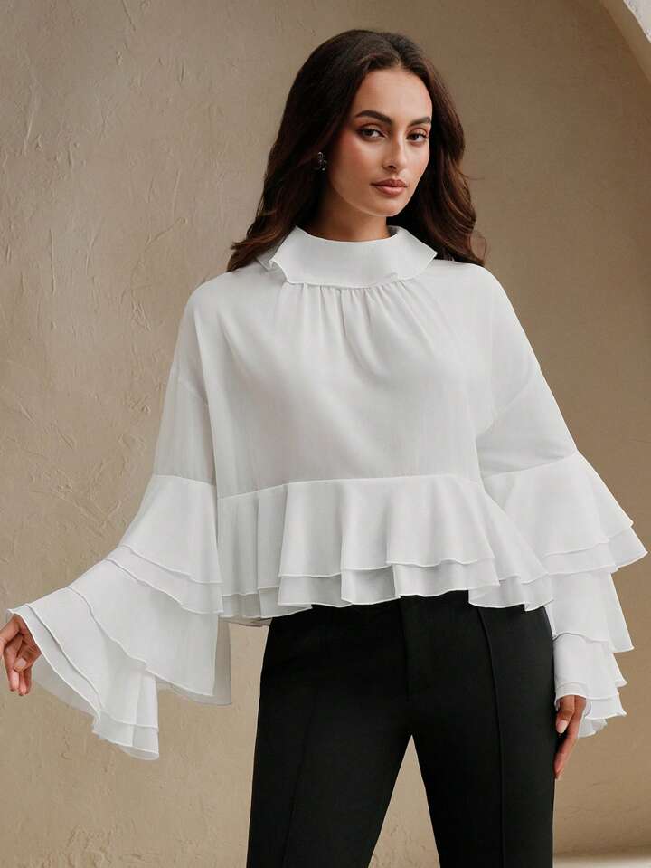 CM-TS115271 Women Elegant Seoul Style Flounce Collar Long Sleeve Silk Chiffon Shawl Top Ruffle Hem Loose Blouse