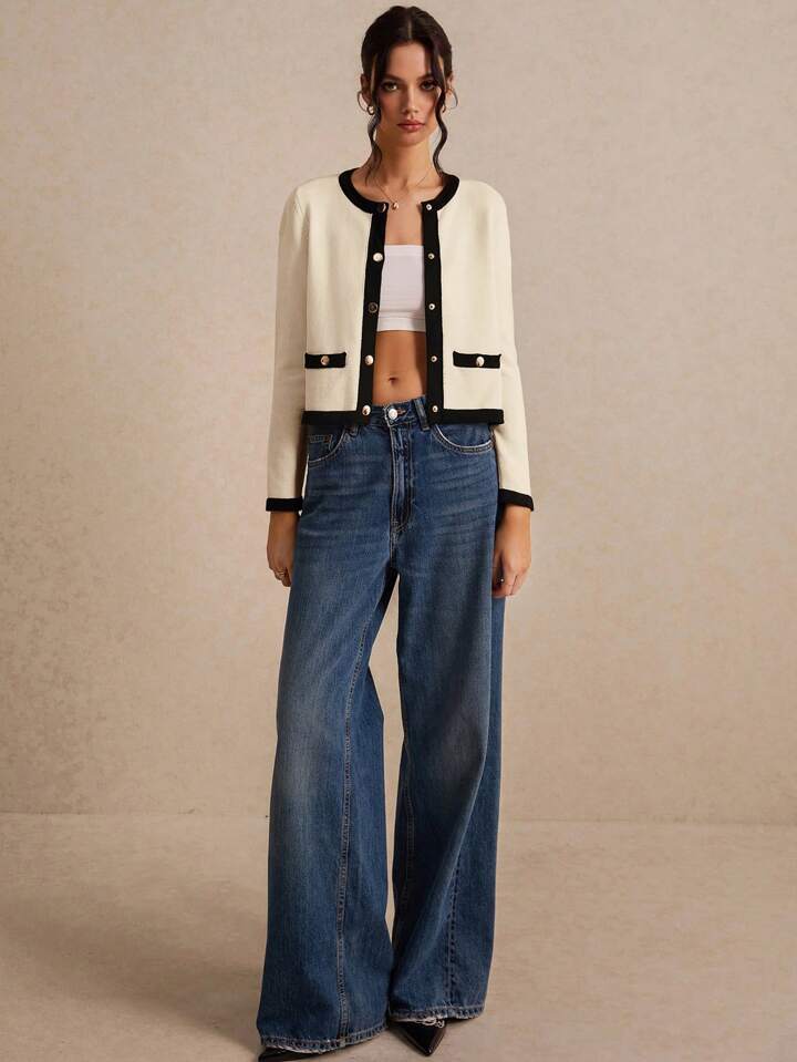 CM-CS885110 Women Casual Seoul Style Color Block Long Sleeve Trim Metal Button Front Knit Cardigan