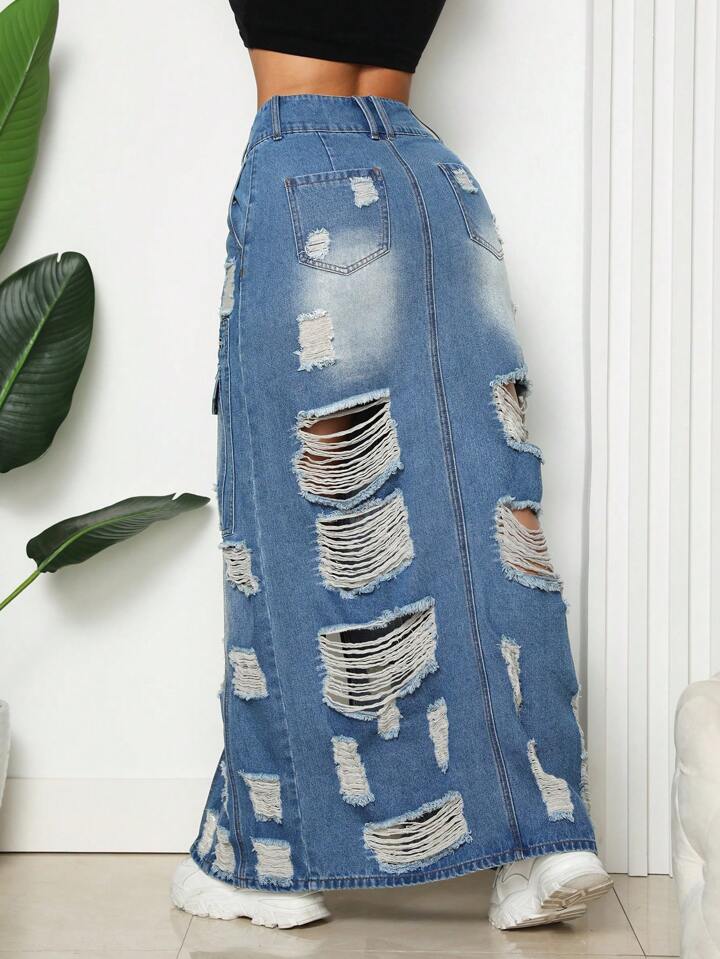 CM-BS238335 Women Casual Seoul Style Medium Wash Ripped Spit Thigh Denim Skirt