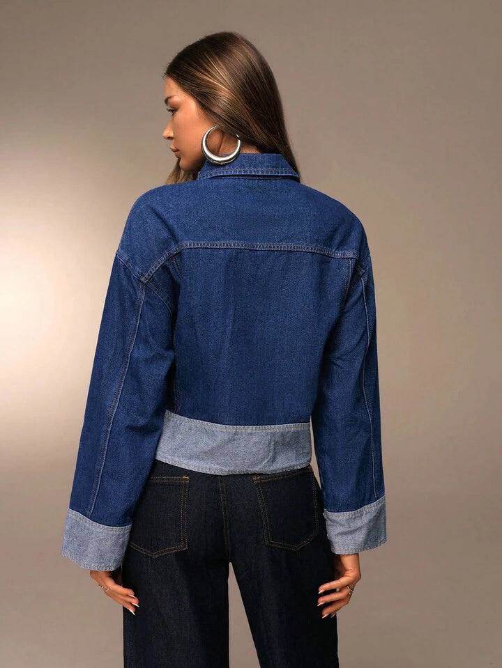 CM-CS044001 Women Elegant Seoul Style Dark Wash Collar Neckline Single Breasted Long Sleeve Denim Jacket