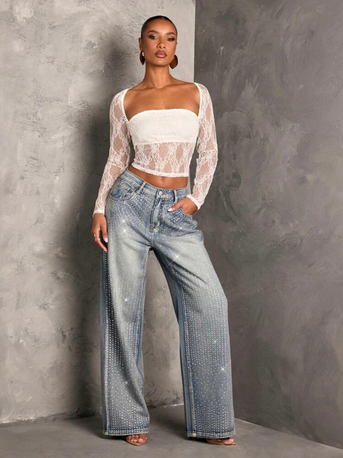 CM-BS422718 Women Elegant Seoul Style Rhinestone Embellished Straight Leg  Jeans - Blue