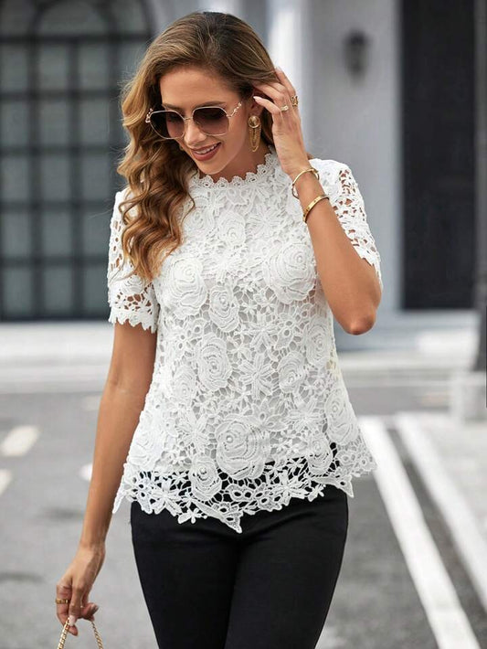 CM-TS959355 Women Elegant Seoul Style Guipure Lace Mock Neck Blouse - White