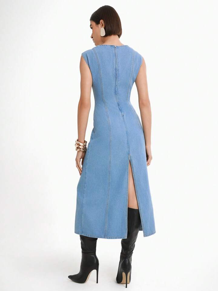 CM-DS413727 Women Casual Seoul Style Light Wash Round Neck Sleeveless Cinched Waist Denim Dress