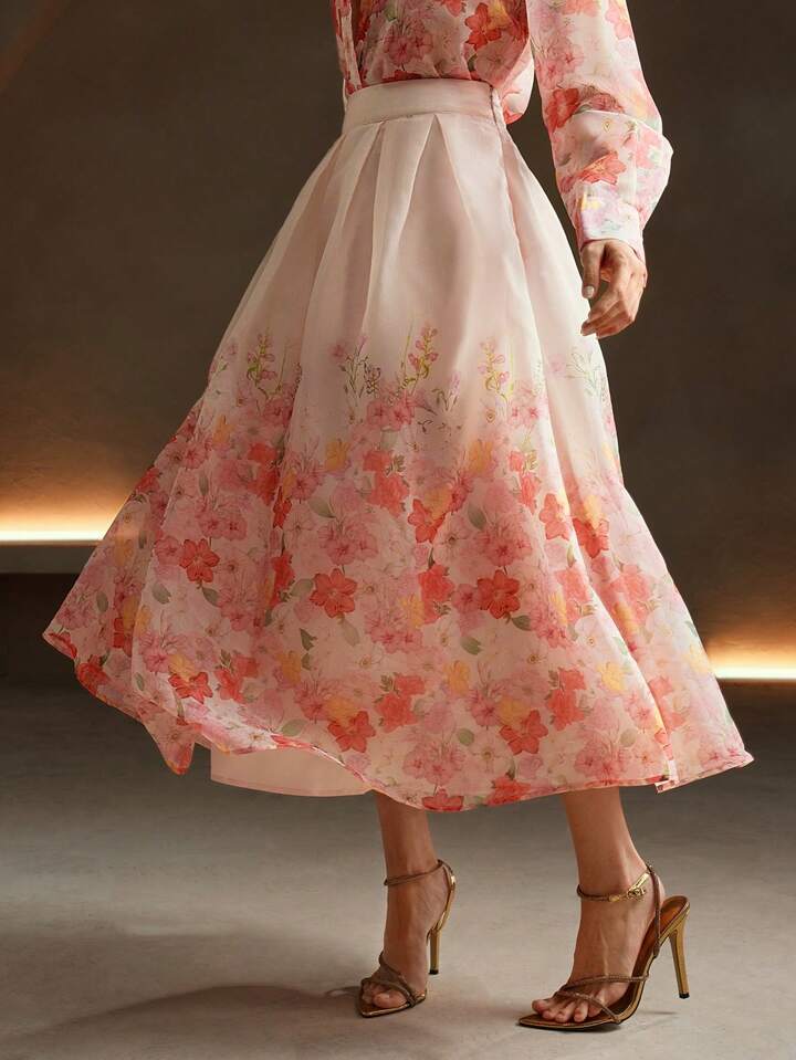 CM-BS663123 Women Elegant Seoul Style Floral All Over Print Midi Skirt