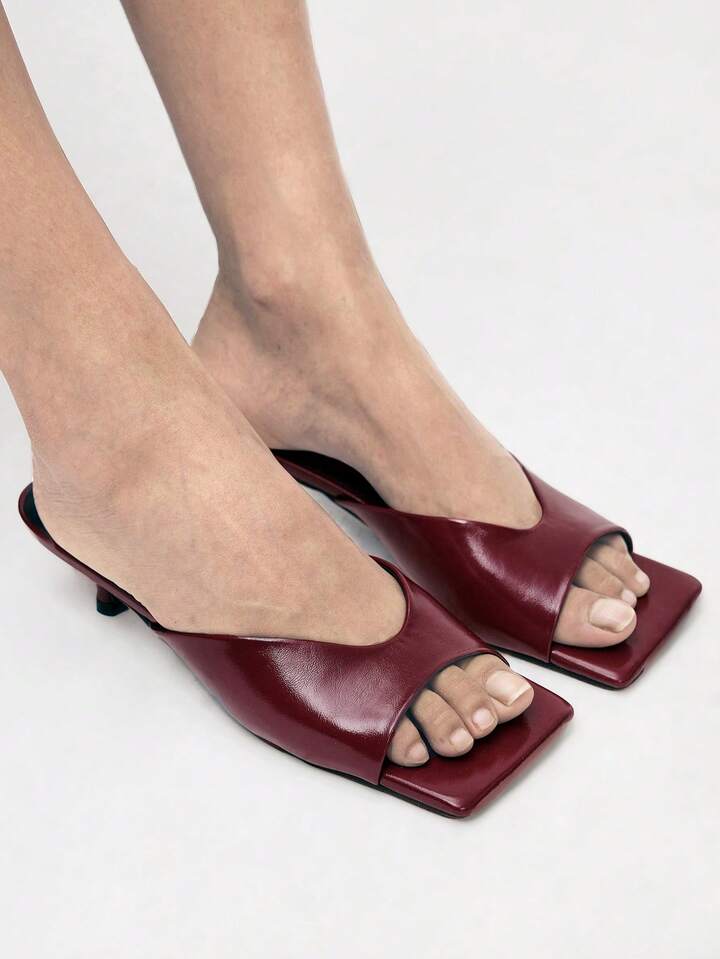 CM-SHS324547 Women Trendy Seoul Style Minimalist Open Toe Low Heel Pumps - Burgundy