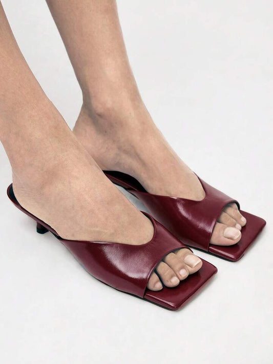 CM-SHS324547 Women Trendy Seoul Style Minimalist Open Toe Low Heel Pumps - Burgundy