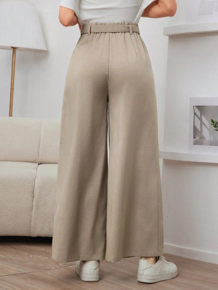 CM-BS388398 Women Casual Seoul Style Belted Solid Pocket Straight Leg Pants - Khaki