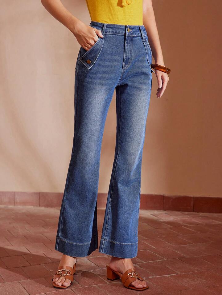 CM-BS863491 Women Casual Seoul Style Foldover Slant Pocket Flafre Leg Jeans - Blue