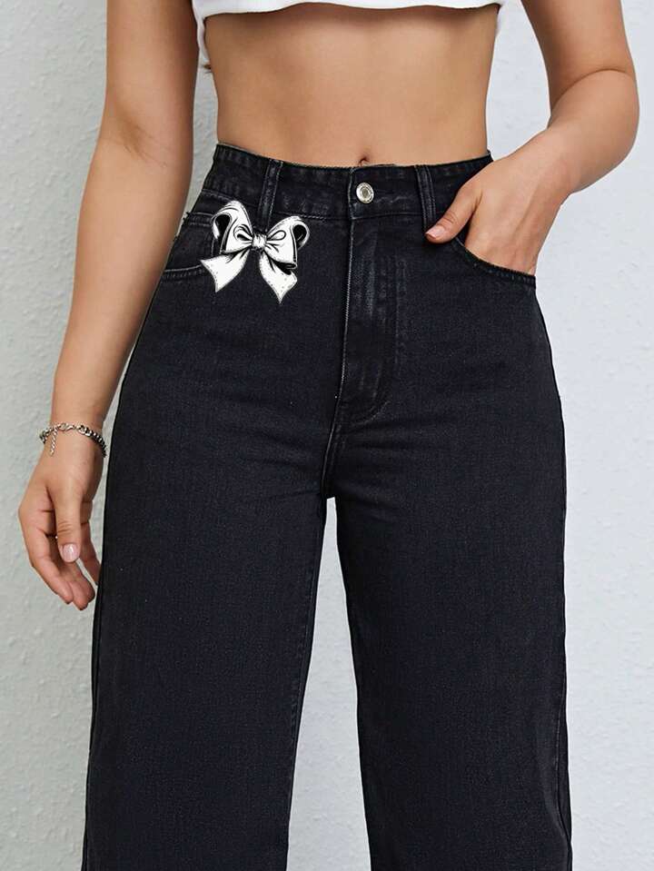 CM-BS327771 Women Casual Seoul Style Button Waist Belt Loop Pocket Bow Decor Straight Loose Pants