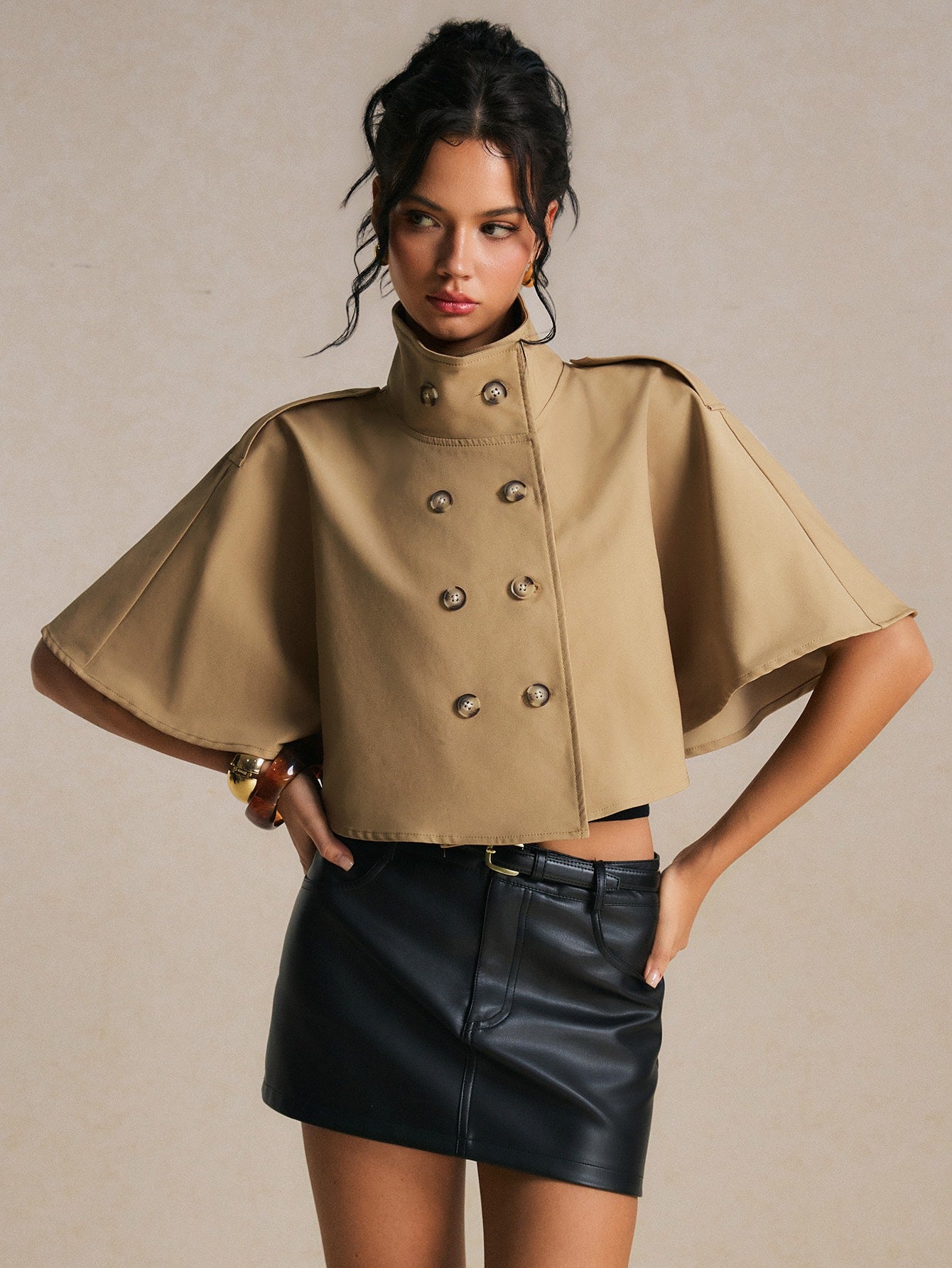 CM-CS799344 Women Elegant Seoul Style Short Sleeve Cropped Double Breasted Cape Trench Coat - Brown